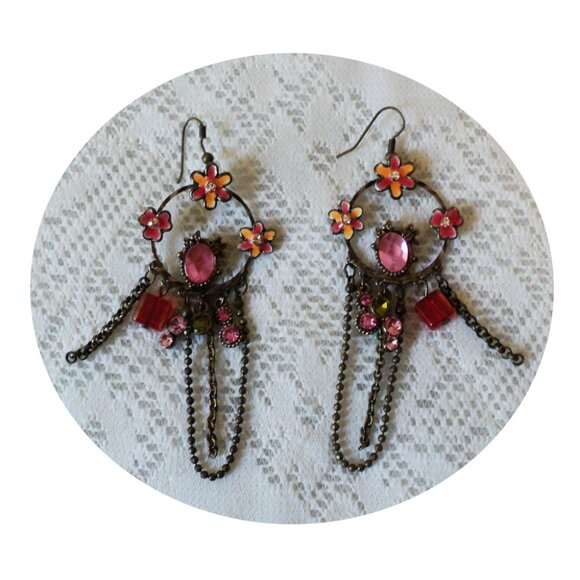 NEW Handcrafted Long Drop Floral Crystal Dangle Earrings Women Fashion Jewelry - Picture 2 of 4